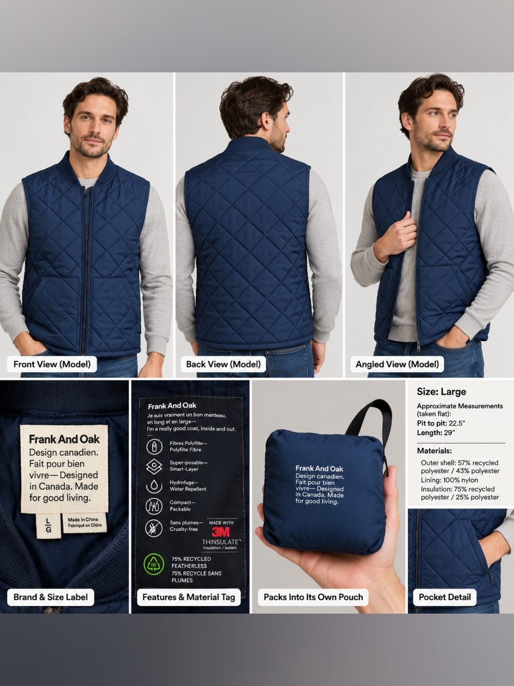 Frank And Oak Men’s Navy Quilted Packable Vest Large